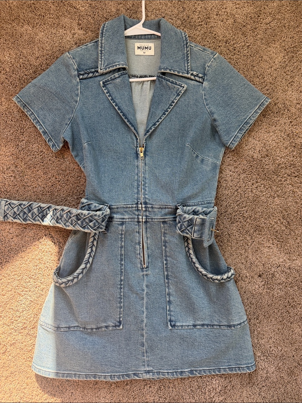 Show Me Your MuMu Light Blue Denim Short-Sleeve Zip Dress with Braided Belt - Picture 2 of 5